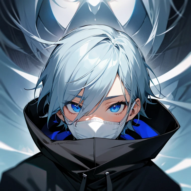 Anonymous Anime Profile Picture, No face , No light, Black hoodie,gray hooded anime boy, Anime Boy, Masked face, close up of face, masked mouth,Blue eyes
