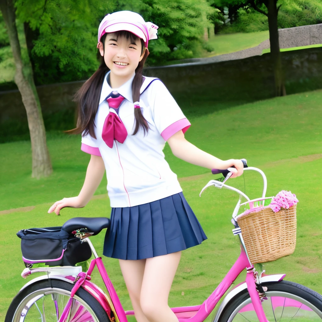 Best quality,tmasterpiece,There was a young woman riding a bicycle on the street, Surrealism female students, Surrealism female students, Anime girl in real life, Anime girl cosplay, dressed as schoolgirl, Beautiful Anime High School Girls, cute female student, Japanese school uniform, of a schoolgirl posing, Realistic young gravure idol, Wearing a Japanese school uniform, Female Student, Realistic schoolgirl,(From below:1.2),From the front side。