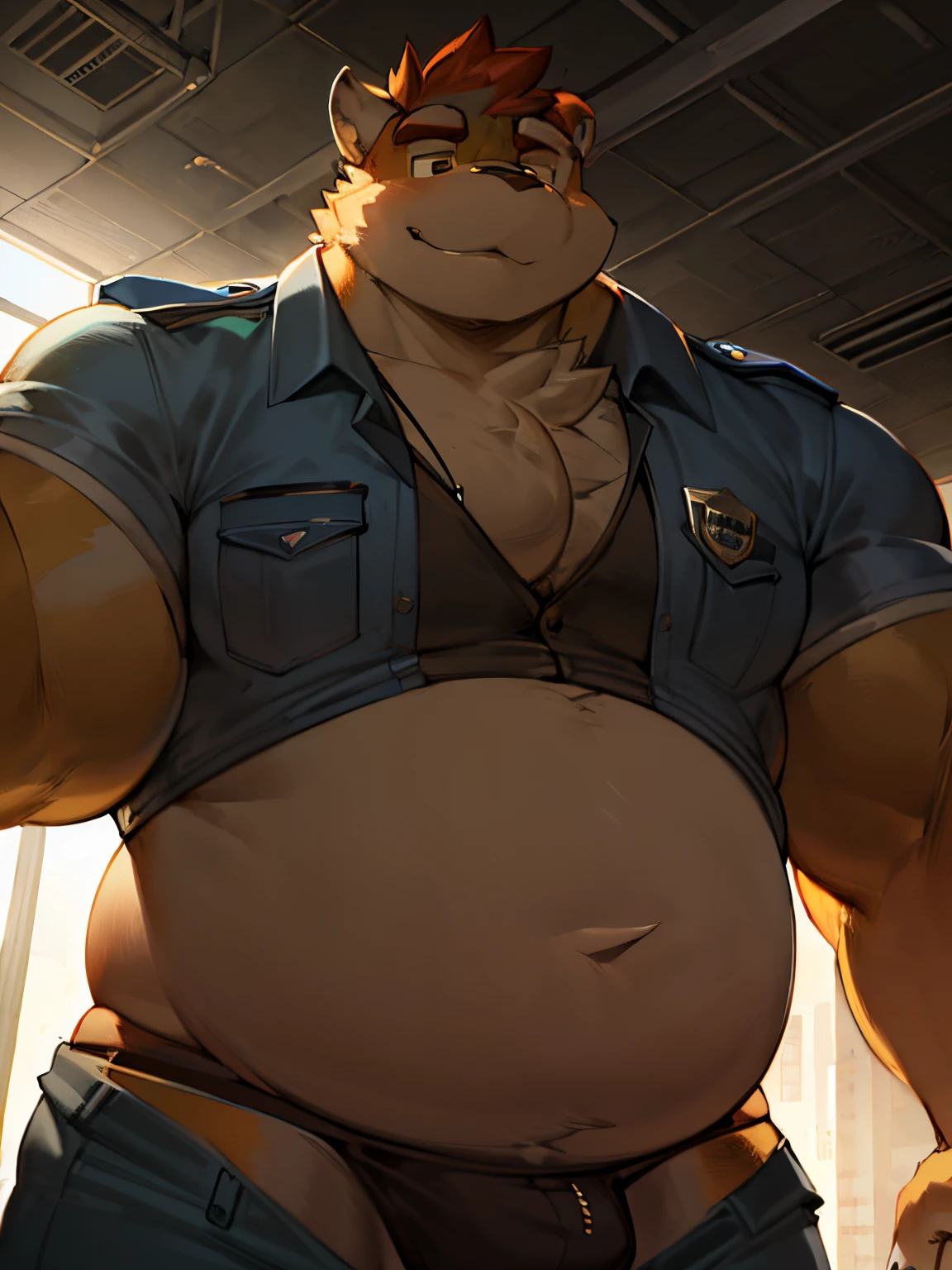 (Male, musclechub,thick arms,wide shoulders,bulging biceps,filled-out frame),(chubby cheeks,soft stomach),open shirt, jockstrap, happier expression,firm stance,(police badges,uniforms),patrolling the streets,daytime setting,impressive physique,attention to small shadows and muscle definition,enhanced realism,masterpiece:1.2,high-resolution:1.2,ultra-detailed,professional photography style,vivid colors,warm color tone,soft sunlight filtering through the buildings,creating dramatic shadows,highlighting the characters.