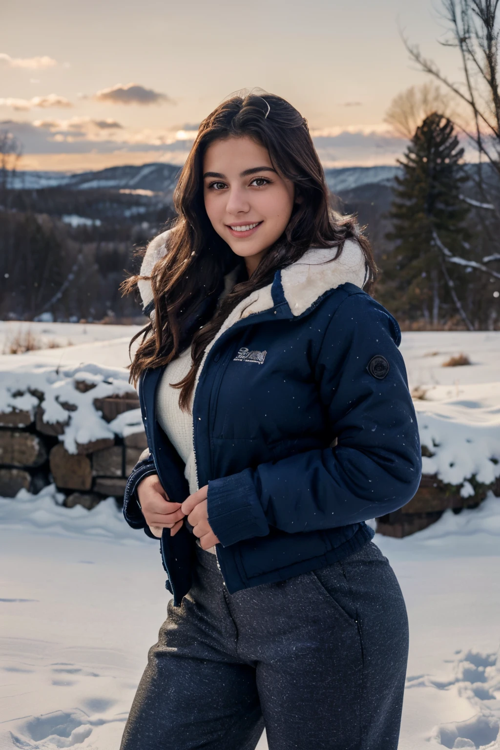 best quality, masterpiece, beautiful curvy body, cowboy shot, 18 years old girl, cute face, long wavy brunette, in quiet snow landscape, smiling, leah gotti, wearing winter jacket with fur, dark blue sweater and pants, intense light, heavy eyelashes