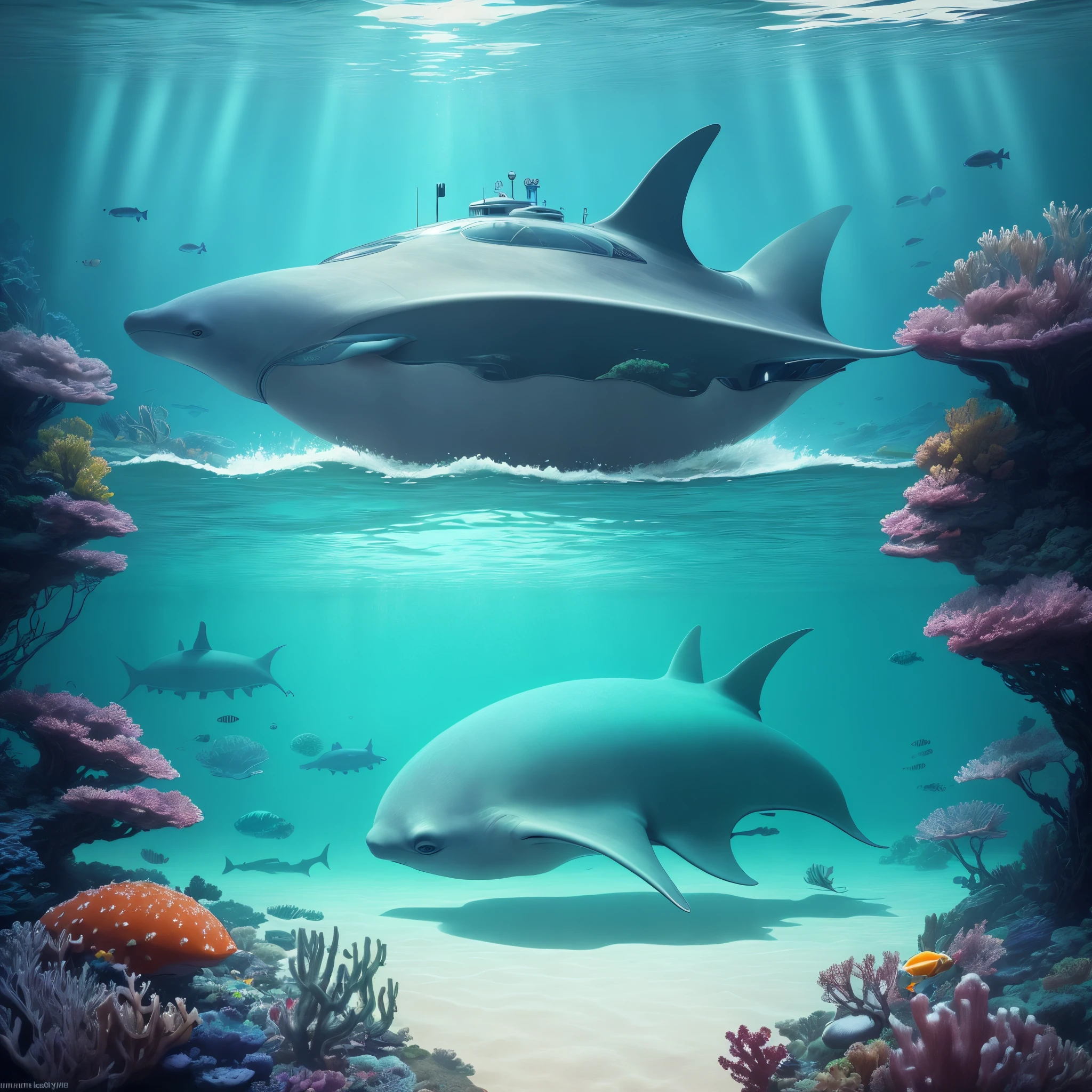 A surreal and futuristic underwater landscape with underwater habitats and the presence of submarine beings like manta rays or turtles.