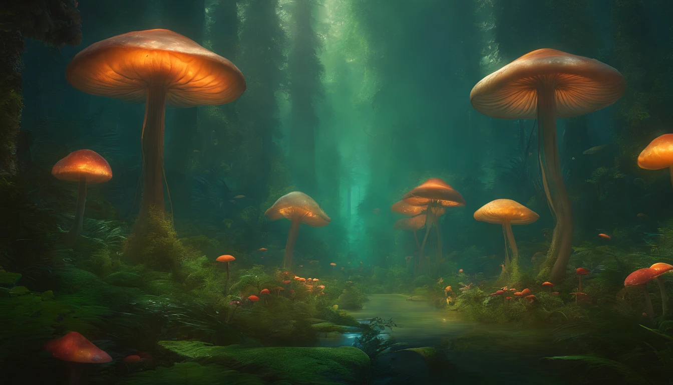 Alafis in the forest with jellyfish and other plants, underwater mushroom forest, metaverse concept art, magical concept art, surreal concept art, colorful concept art, Mushroom forest, background artwork, Slime mold forest environment, anime lush john 8k woods, lost in a dreamy fairy landscape, movie concept art, Stylized concept art