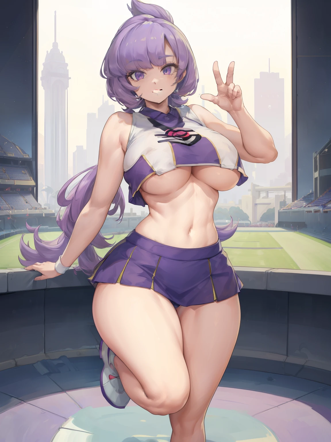 ((Anabel pokemon)), (masterpiece:1.2, best quality), realistic, (real picture, intricate details, depth of field), ((1girl:1.2)), parted lips, highly-detailed, gorgeous perfect face, (skindentation), ((thick thighs)), (wide hips), average waist, tall, ((long purple hairs)), long ponytail, beautiful purple eyes, looking at viewer, confident smile, toned body, ((stadium)), ((white cheerleader outfit)), short skirt, blue skirt, sleeveless croptop, midriff, bare arms, ((gigantic breasts:1.3)), ((full body)), (bare legs), ((underboob)), thicc, (peace sign), standing, bare hands