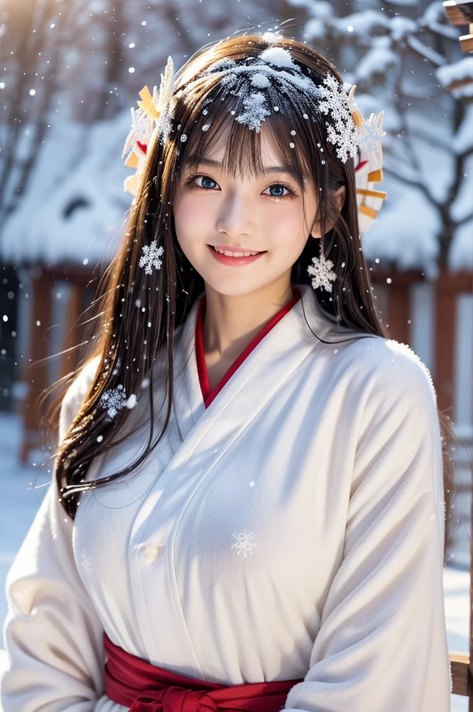 (masutepiece:1.3, Photorealsitic:1.4, 8K), top-quality, masterpiece, 超A high resolution, Perfect dynamic composition, Highly detailed skin and facial texture:1.3, A detailed eye, Detailed limbs, New Year'natta, (snowflakes falling:1.3), Precincts of a shrine in snow country, 1girl in, Cute sexy 19 year old slim woman, Fair skin, (Snow fell on my body and clothes:1.3), ((A smile:0.9, Totally captivates you:1.0)), (accurate shrine maiden costume:1.2), ((voluptuous breasts:0.95)), tabi, (Facing the front, Have a broom), (Beautiful blue eyes, Eyes that feel beautiful eros:0.85), Sexy face:0.4, (A mouthfeel that feels beautiful eros:0.85), ((Too cute beauty:0.9))