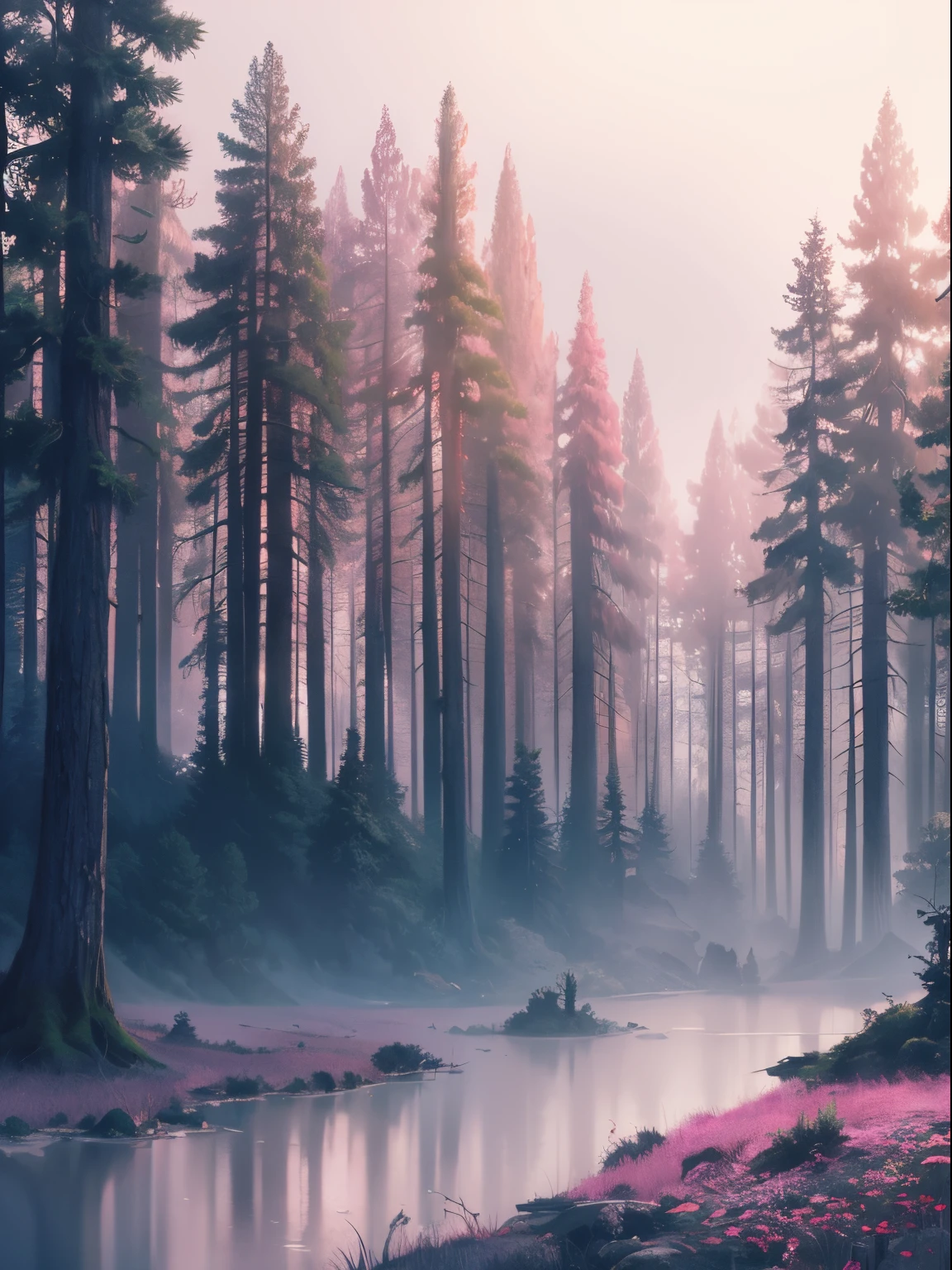 illustration, forest, landscape, slight fantastical elements, misty and foggy, pink and coral hues, expressionism, emotional remembrance of love, life, and regret. high contrast colors, detailed, masterpiece, high resolution, 8k