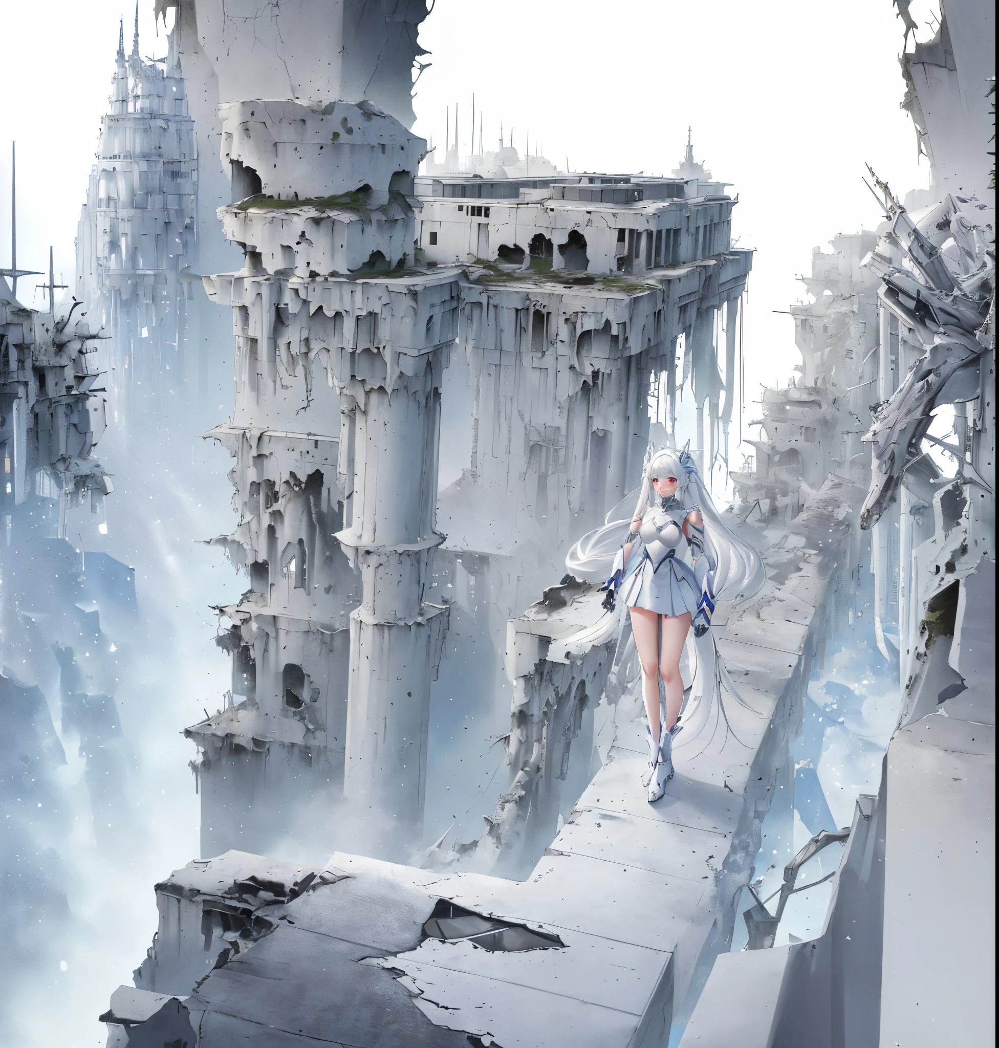 girl with long white hair and white dress, !teens girl,, in white futuristic armor, White Mecha, white haired god, azur lane style, sliver ice color reflected armor,, cyborg - girl with silver hair, glossy white armor、Cinderella/(Nike, Goddess of Victory)/、The moon is out、i&#39;((i&#39;Me in the ruined city))、((top-quality、8K、​masterpiece:1.3))、cute little、Twin-tailed、i&#39;((((In the ruined city))))、no feelings、red eyes