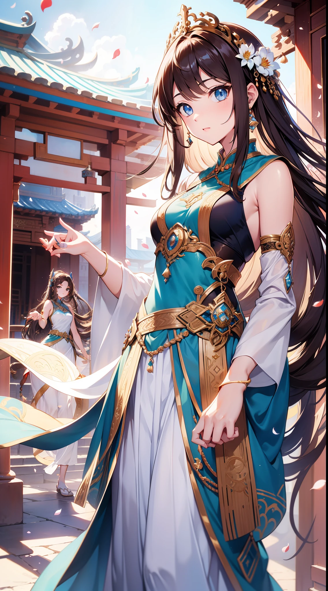 young girls, Brown hair long,eBlue eyes, Persian costumes， Sleeveless, jumpping, Summer palace，Asian architecture，petals，tmasterpiece, high high quality