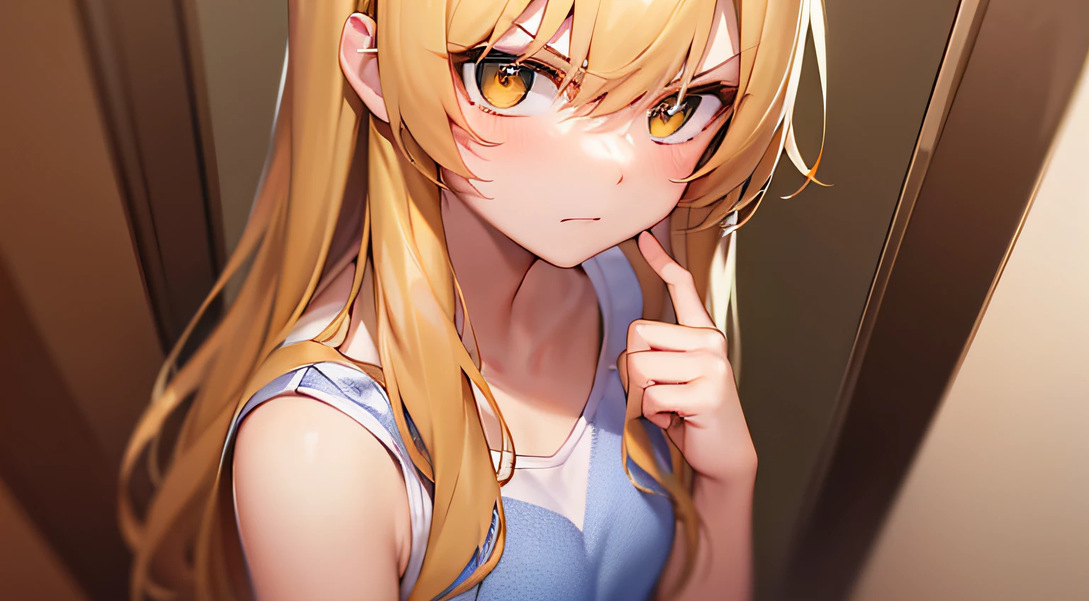 finger pointing, Angle from above, High angle, ​masterpiece、hightquality、(Blonde long hair, yellow  eyes)、An 18-year-old woman、(Alone:1.5)、Wearing an orange T-shirt、(A slightly angry look:1.1)、Close-up of the subject's face、(Only the upper body is shown.:1.3)、is standing、Bold composition、The background is the hallway of a house at night.