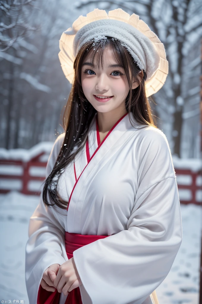 (masutepiece:1.3, Photorealsitic:1.4, 8K), top-quality, ​masterpiece, 超A high resolution, Perfect dynamic composition, Highly detailed skin and facial texture:1.3, A detailed eye, Detailed limbs, New Year&#39;natta, (snowflakes falling:1.3), Precincts of a shrine in snow country, 1girl in, Cute sexy 19 year old slim woman, Fair skin, (Snow fell on my body and clothes:1.1), ((A smile:0.9, Totally captivates you:1.0)), (accurate shrine maiden costume:1.2), ((voluptuous breasts:0.95)), tabi, (Facing the front, Have a broom), (Beautiful blue eyes, Eyes that feel beautiful eros:0.85), Sexy face:0.4, (A mouthfeel that feels beautiful eros:0.85), ((Too cute beauty:0.9))
