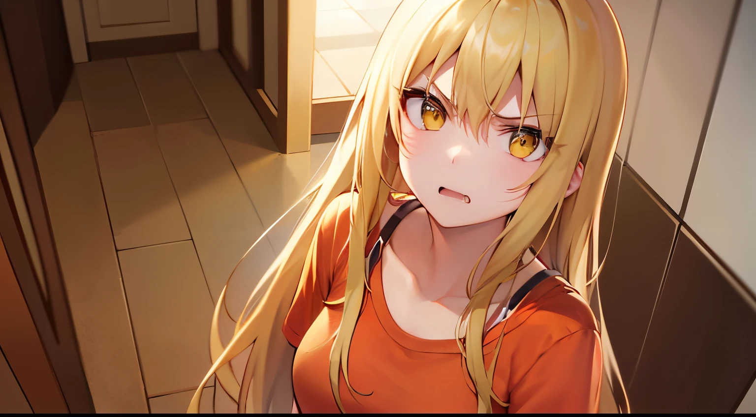 finger pointing, Angle from above, High angle, masterpiece、hightquality、(Blonde long hair, yellow eyes)、An 18-year-old woman、(Alone:1.5)、Wearing an orange T-shirt、(A slightly angry look:1.1)、Close-up of the subject's face、(Only the upper body is shown.:1.3)、is standing、Bold composition、The background is the hallway of a house at night.
