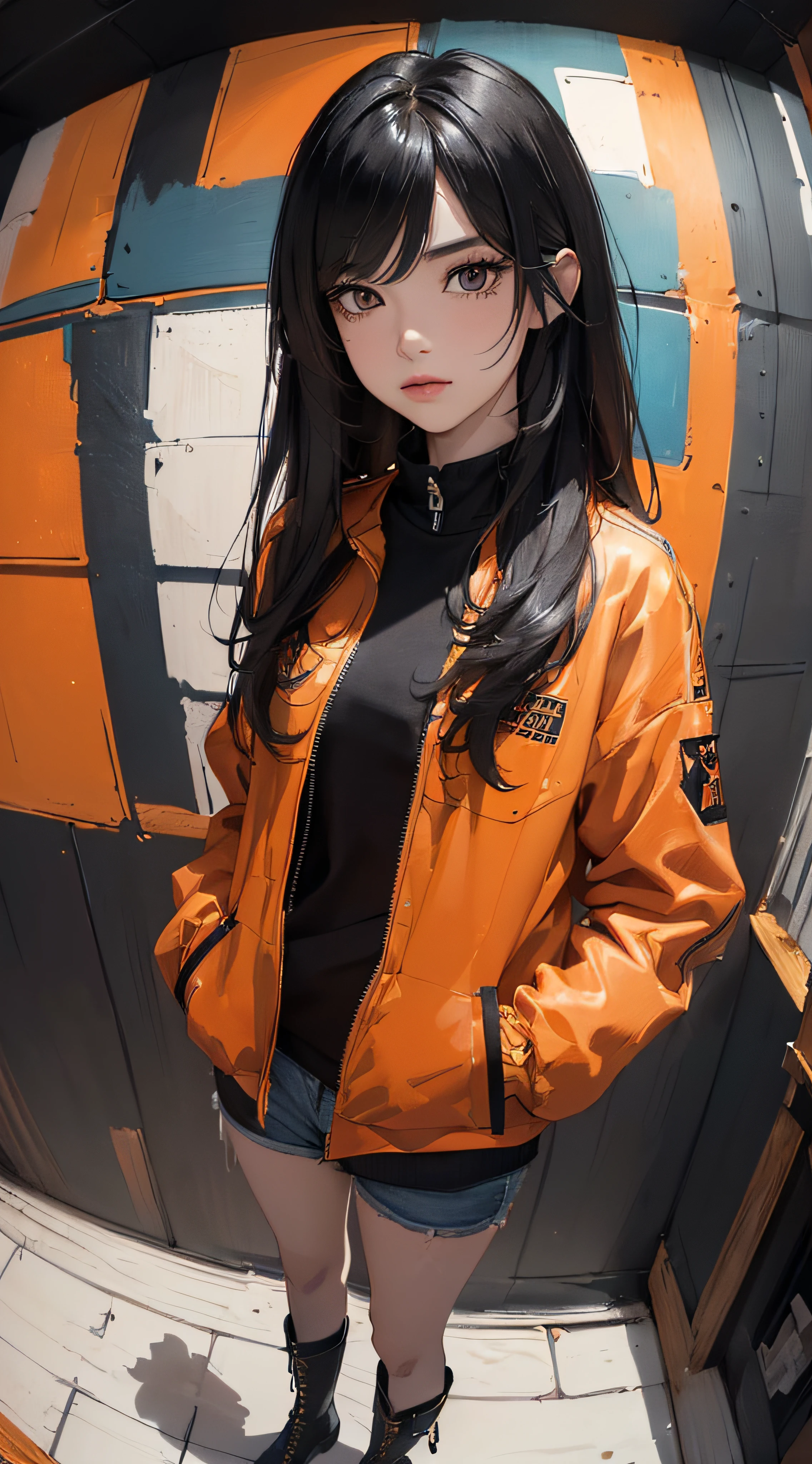 ((8k wallpaper of extremely detailed CG unit:1.2, ​masterpiece, hight resolution:1.2, top-quality:1.2, masutepiece)), ((a very beautiful woman, Hands in pockets:1.8, Street fashion, wearing an orange blouson, Wear black hot pants, Wearing boots)), ((extra detailed face, Highly detailed black eyes, Contrasting eyes, extra detailed body, Top quality real texture skins:1.2)), (A dark-haired, length hair, de pele branca, Small), ((colorful paint wall)), (high-angle:1.2, Fisheye:1.3), hyper realisitic, digitial painting,