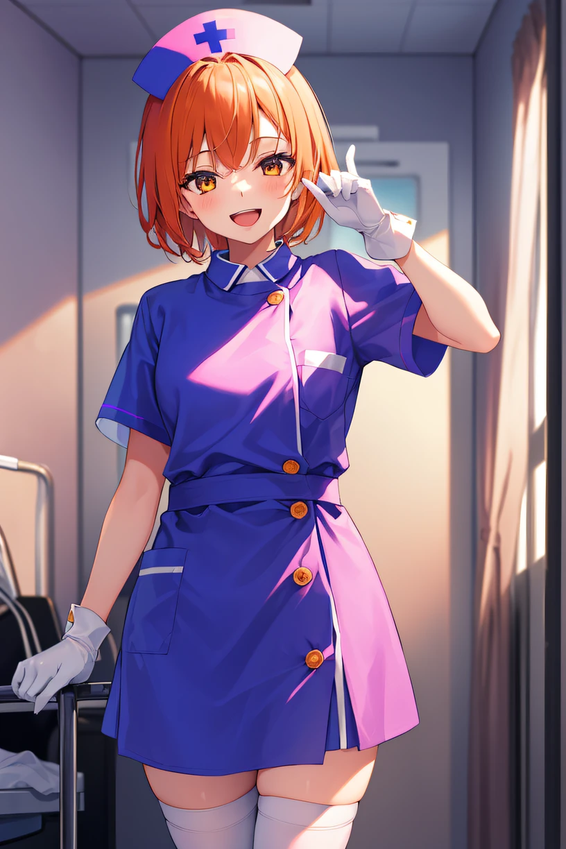 1girl, solo, nurse, nurse cap, white wear, ((white legwear, zettai ryouiki)), white gloves, very short hair, orange hair, smile, open mouth, standing, ((hospital room)), sharp outline, short sleeves, tomboy, boyish, best quality, masterpiece