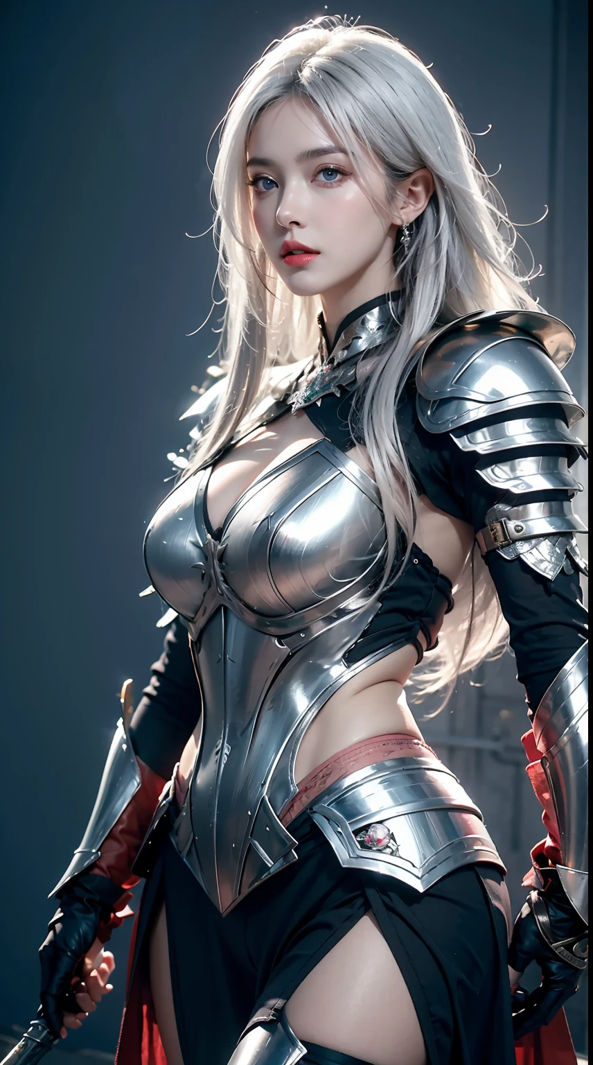 Female , white hair , Large breasts，Silver armor panty，tiara crown，dramatics , sword ,