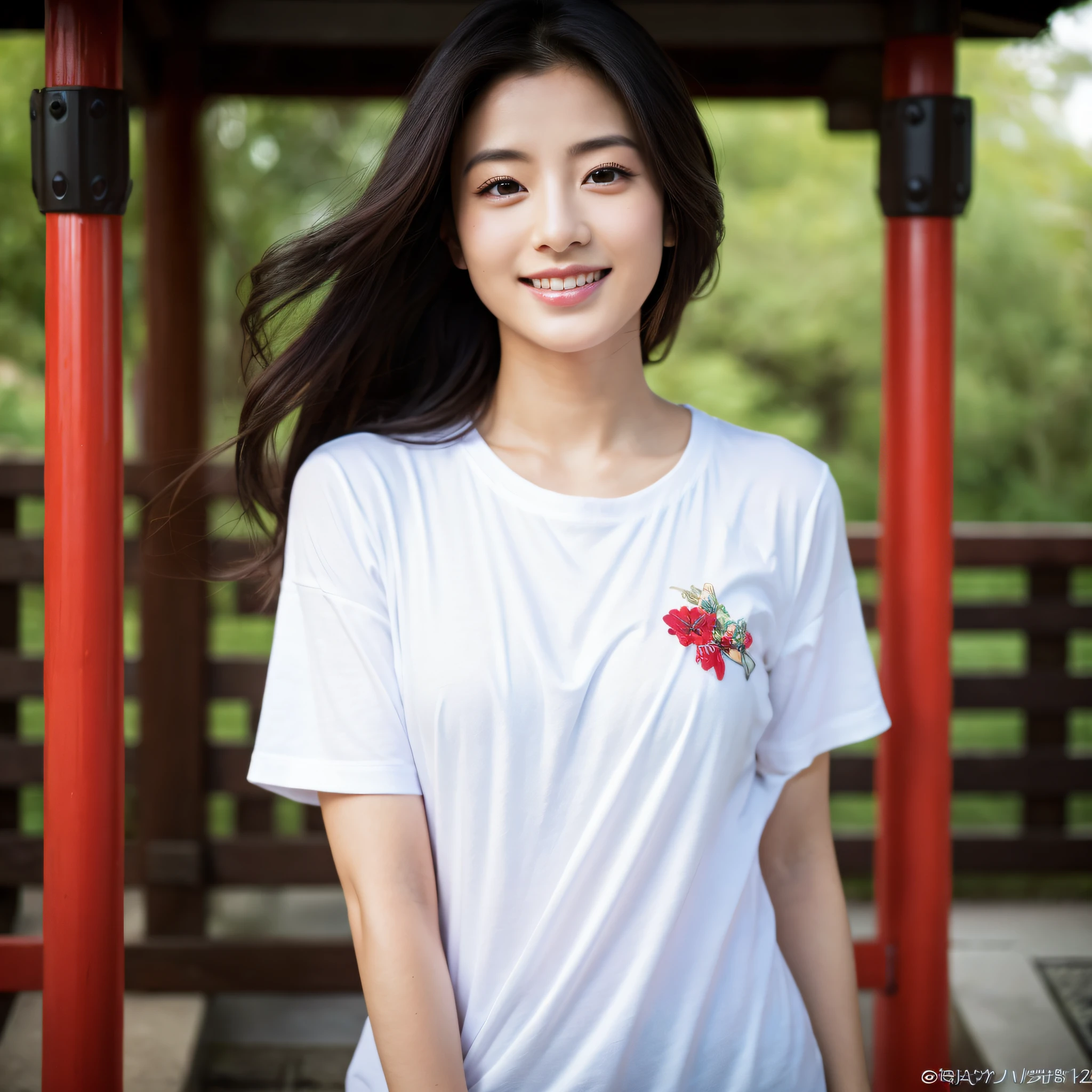 One beauty、((best qualtiy、8k masterpieces:1.3))、foco nítido:1.2、(ultra beautiful faces:1.0)、(shinny skin:1.0)、photos realistic、A dark-haired、Video Lighting、High-definition eyes and face、Video Lighting、Japanese actressl、from the front side、medium breasts、Smile、Slender Abs Beauty、Whole body、Kanji for Japan「tenderness」Wearing a T-shirt、At the shrine