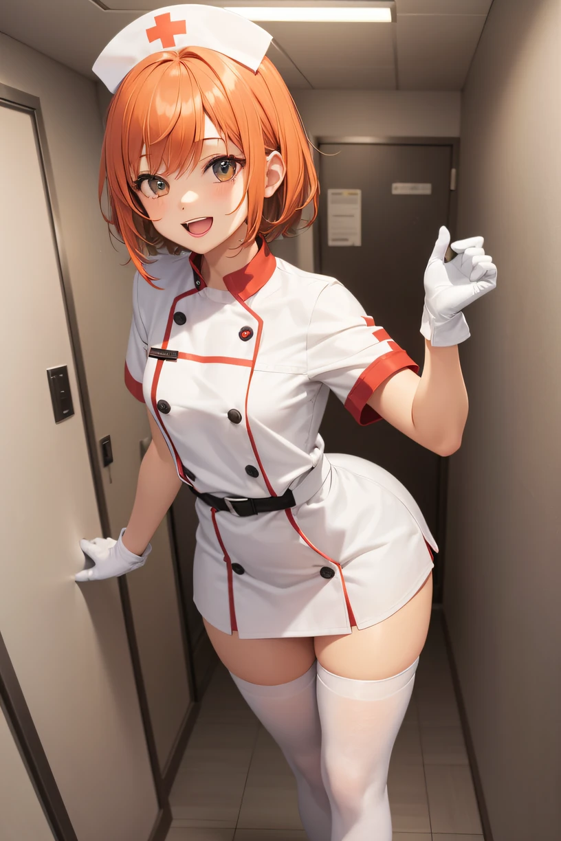 1girl, solo, nurse, nurse cap, white wear, ((white legwear, zettai ryouiki)), white gloves, very short hair, orange hair, smile, open mouth, standing, ((hospital room)), sharp outline, short sleeves, tomboy, boyish, best quality, masterpiece