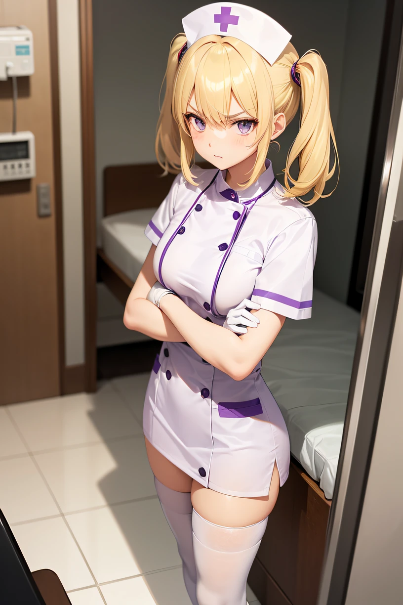 1 girl, alone, nurse, nurse cap, white clothes, ((white legwear, zettai ryouiki)), white gloves, twin tails, yellow hair, purple eyes, smile, Are standing, ((hospital room)), sharp outline, short sleeve, highest quality, masterpiece