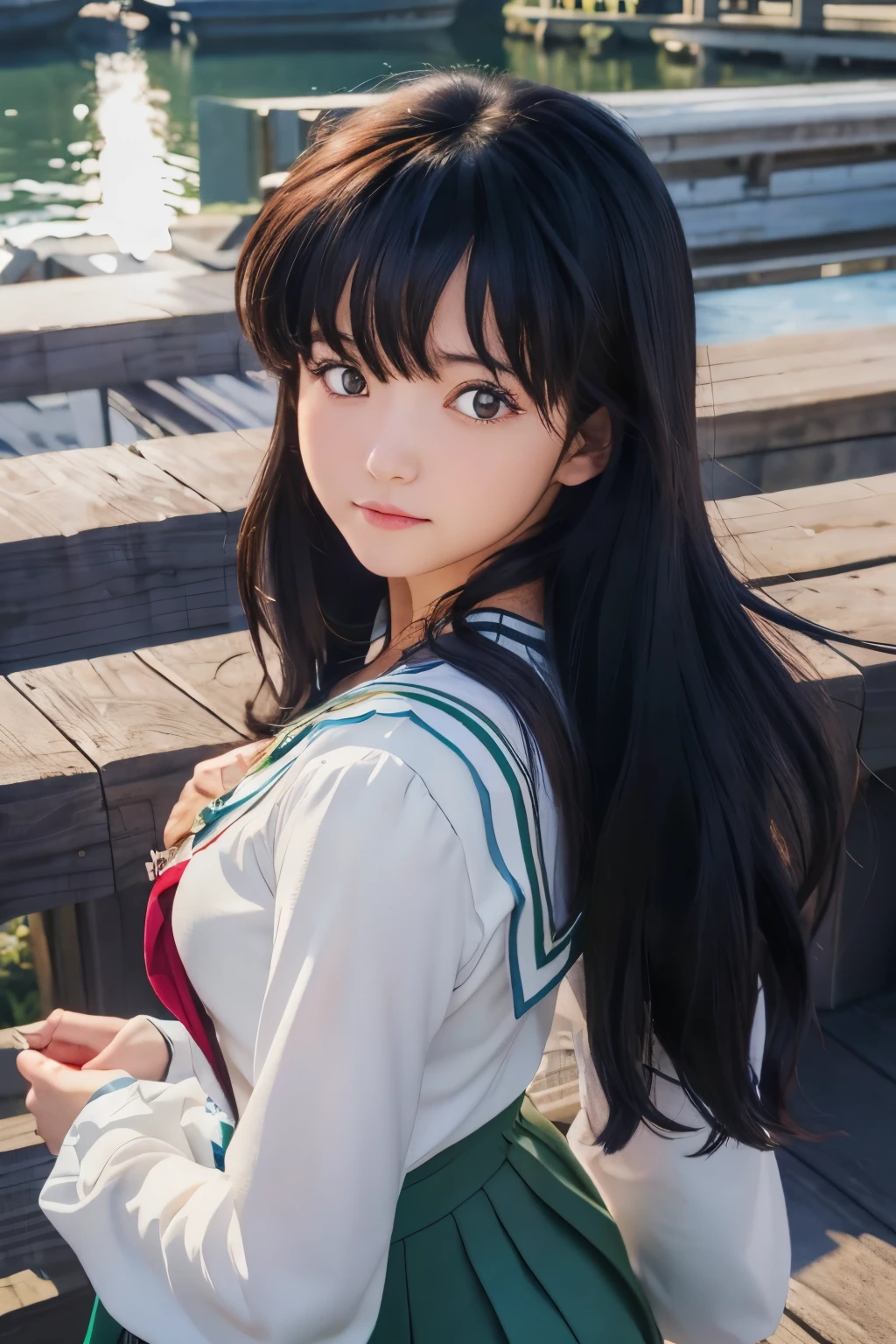 top-quality, 8K, ultra-detailliert, Photorealsitic, masuter piece, Best Quality, 超A high resolution, top-quality, Anime style, The best lighting, Beautiful face, 1girl in, Kagome Higurashi, Brown-eyed, Face Focus, Photorealsitic, (hyper realisitic:1.2), perfect  eyes, face perfect, Perfect litthing, plein air, 校服, city scenery, Japan Faces, 