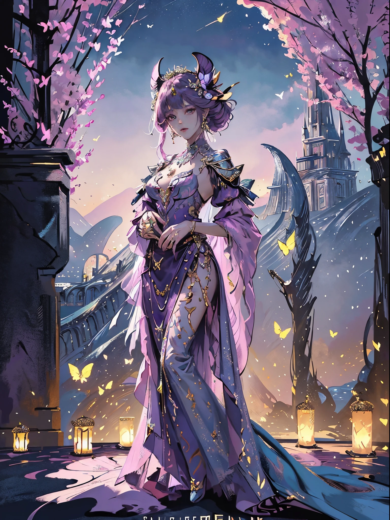 Butterfly motif、magenta tone、Vibrant colors、((masterpiece)))、(((top-quality)))、((ultra-detailliert))、(A hyper-realistic)、(highly detailed CGillustration)、Official art、Florence at the beginning of the 20th century、Decadent、Madame Papillon、Cool Beauty、Masquerade、refinement、Elegance、Gorgeous、Masks that cover most of the face、Colorful and detailed mask design、matchless beauty、Fans、gorgeous dress、jewely、Female Solo、Perfect Angle、perfect-composition、full body Esbian