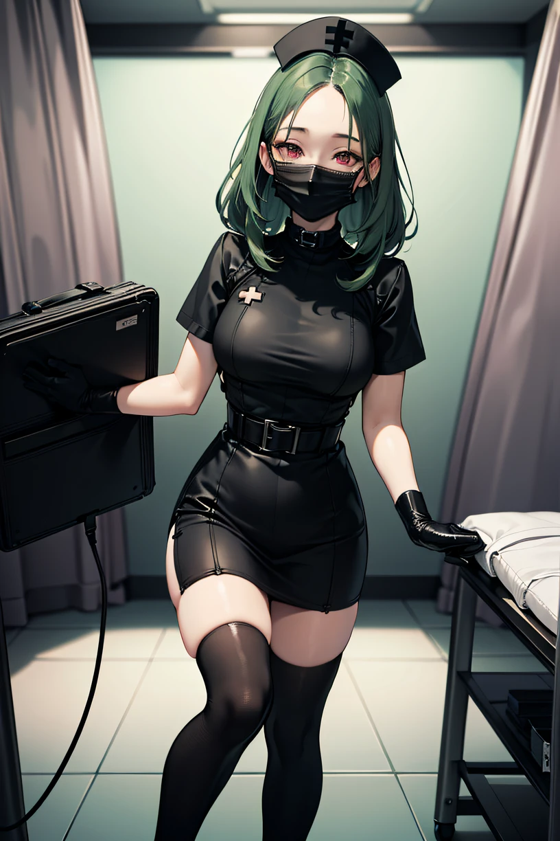 black nurse, 1girl, solo, black nurse cap, black nurse uniform, ((black legwear, zettai ryouiki)), black elbow gloves, ponytail, green hair, pink eyes, ((black surgical mask, covered nose)), standing, ((surgery room)), sharp outline, short sleeves, best quality, masterpiece