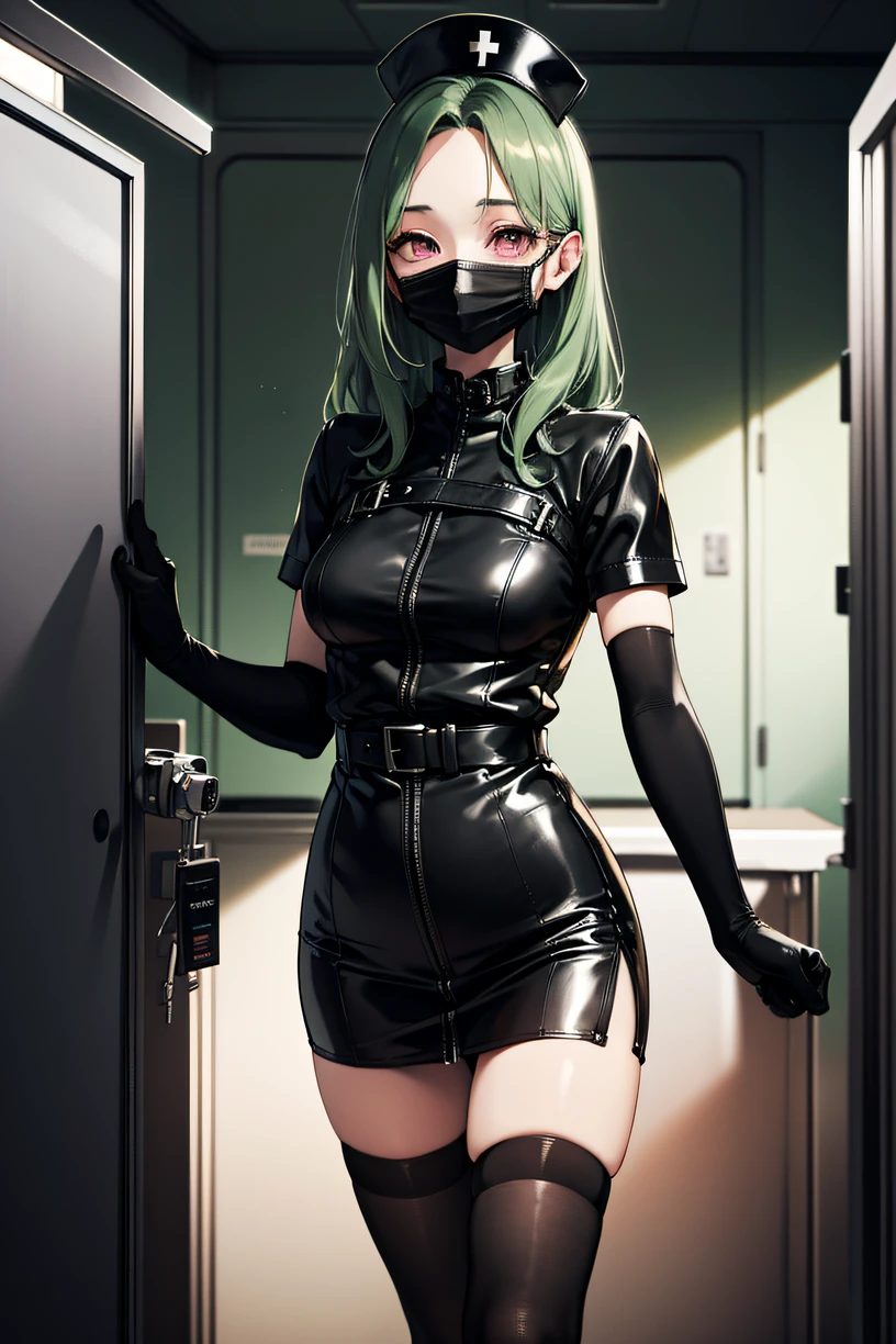 black nurse, 1woman, solo, black nurse cap, black wear, ((black legwear, zettai ryouiki)), black elbow gloves, forehead, long hair, green hair, pink eyes, ((black surgical mask, covered nose)), standing, ((surgery room)), sharp outline, short sleeves, mature female, 35 years old, best quality, masterpiece