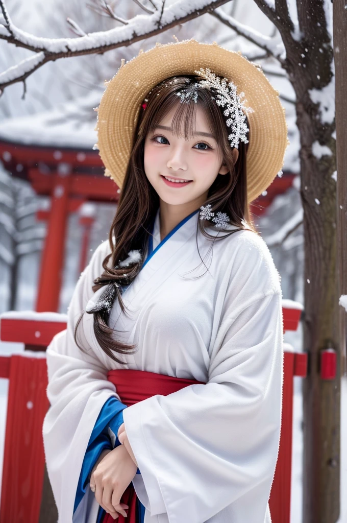 (masutepiece:1.3, Photorealsitic:1.4, 8K), top-quality, ​masterpiece, 超A high resolution, Perfect dynamic composition, Highly detailed skin and facial texture:1.3, A detailed eye, Detailed limbs, New Year, natta, (snowflakes falling:1.2), Precincts of a shrine in snow country:1.2, 1girl in, Cute sexy 19 year old slim woman, Fair skin, (Snow fell on my body and clothes), ((A smile:0.9, Totally captivates you:1.0)), (accurate shrine maiden costume:1.2), ((voluptuous breasts:1.0)), tabi, (Facing the front, Have a broom), (Beautiful blue eyes, Eyes that feel beautiful eros:0.85), Sexy face:0.4, (A mouthfeel that feels beautiful eros:0.85), ((Too cute beauty:0.9))