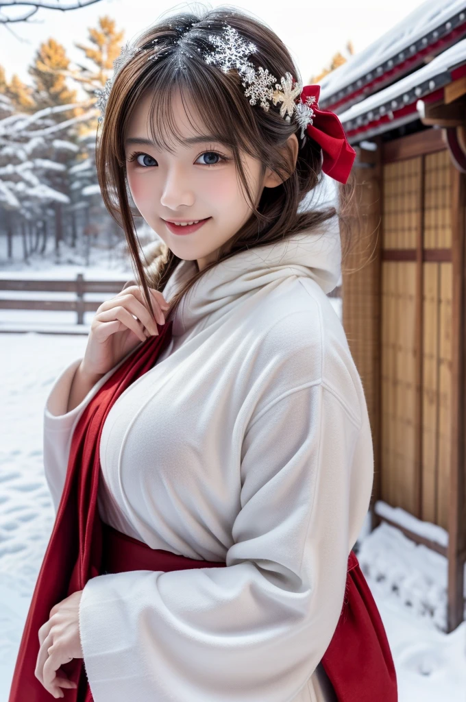 (masutepiece:1.3, Photorealsitic:1.4, 8K), top-quality, masterpiece, 超A high resolution, Perfect dynamic composition, Highly detailed skin and facial texture:1.3, A detailed eye, Detailed limbs, New Year, natta, (snowflakes falling:1.2), Precincts of a shrine in snow country:1.2, 1girl in, Cute sexy 19 year old slim woman, Fair skin, (Snow fell on my body and clothes), ((A smile:0.9, Totally captivates you:1.0)), (accurate shrine maiden costume:1.2), ((voluptuous breasts:1.0)), tabi, (Facing the front, Have a broom), (Beautiful blue eyes, Eyes that feel beautiful eros:0.85), Sexy face:0.4, (A mouthfeel that feels beautiful eros:0.85), ((Too cute beauty:0.9))