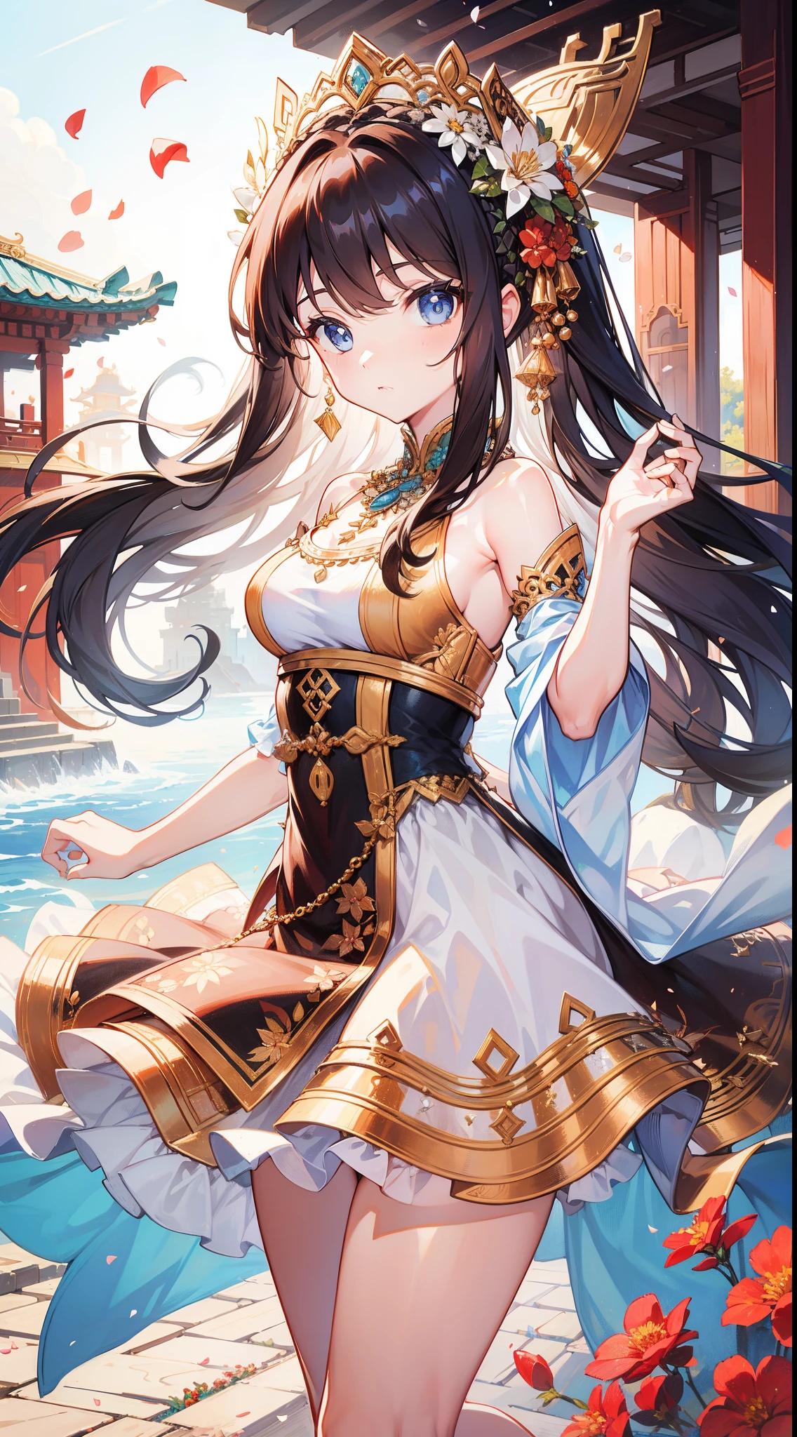 young girls, Brown hair long,Floral headdress,hair adornments,jewely,eBlue eyes, Persian costumes, Sleeveless, jumpping, Summer palace,Asian architecture,petals,tmasterpiece, high high quality