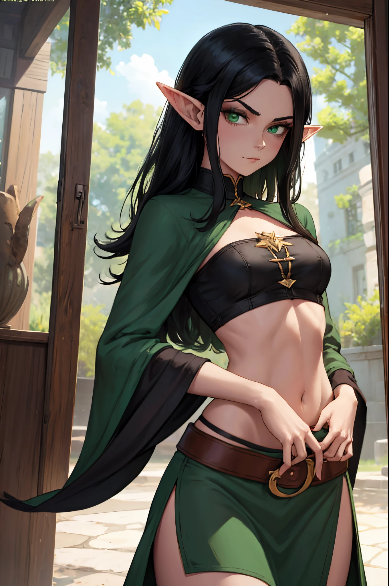 (Masterpiece, Top Quality, (full body portrait), black shoulder-length hair, green eyes, elf, androgynous, dark armor, flat chest, defined muscle, abs, NSFW, magical sorceress