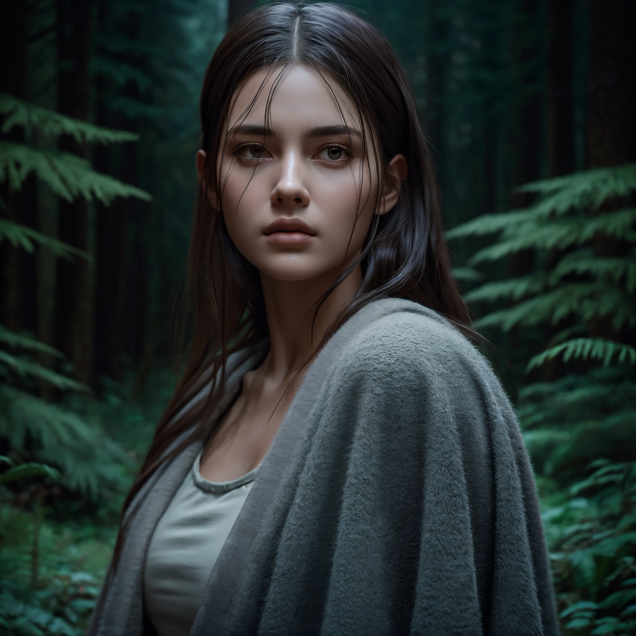 Beautiful girl in a gray robe standing in the dark forest, Epic style, octanerender, Desert elements, Exquisite Face, hyperrealistic, oil on canvas, Award-winning, masterpiece, trending on artstation, By Studio Ghibli