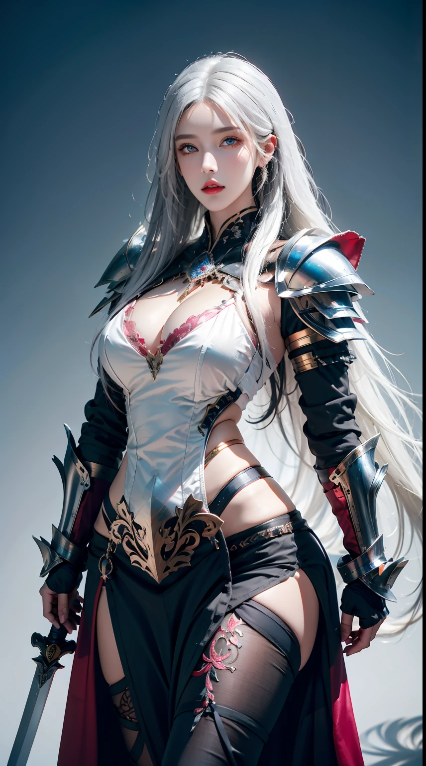 photorealistic, high resolution, 1women, shining skin, solo, jewelry, pink lips, long white hair, blue eyes, closed mouth, hips up, fantasy armor, armed with a sword, wearing heavy armor LnF