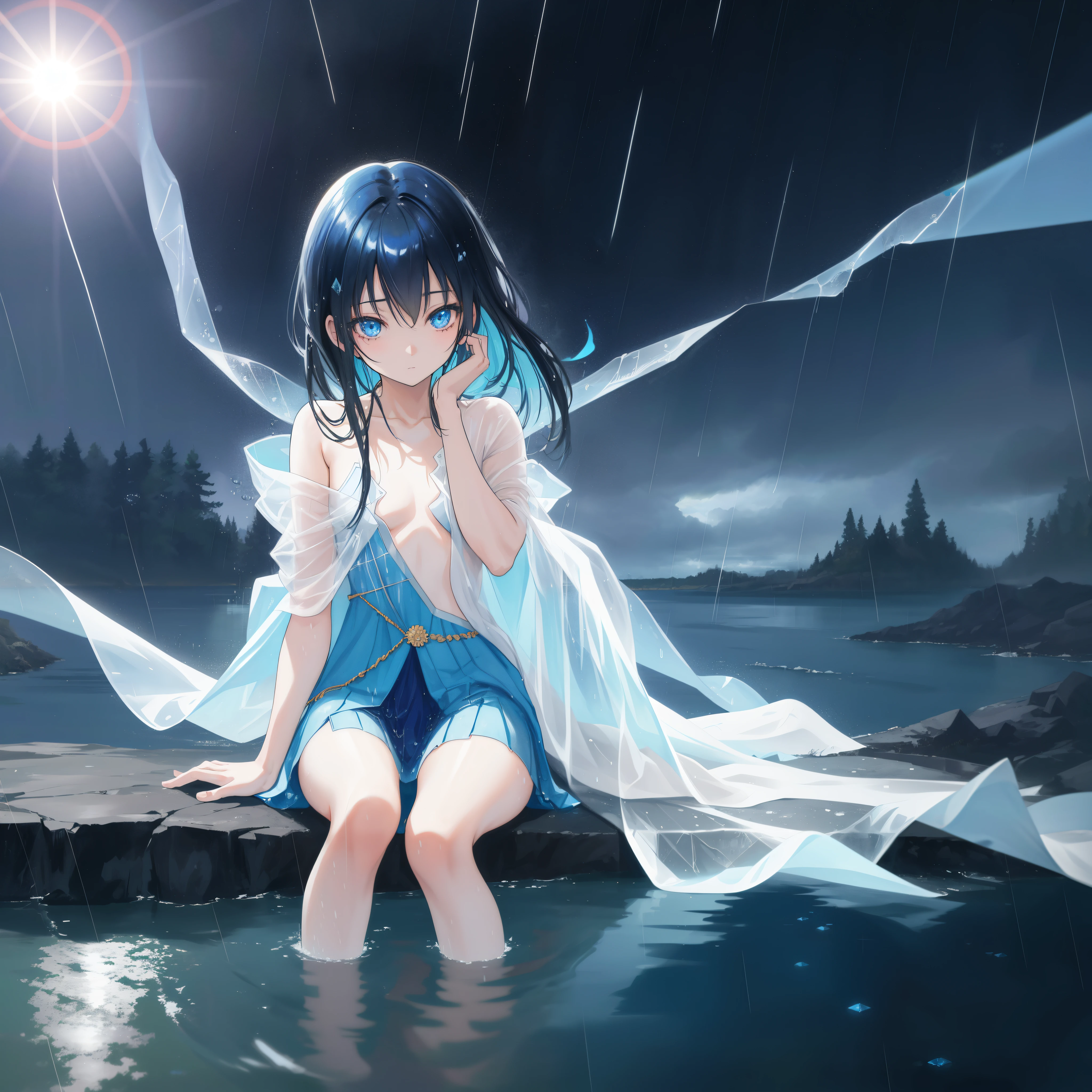 ((A far view)) of a black-haired anime  girl, (sitting in the (river)), ((strong sunlight)), cinematic light, slim body, skin is perfectly healthy, soft, and smooth, Extremely delicate and beautiful CG illustration, best quality, high resolution, dynamic angle, full-length lens, (1 girl), floating, soft light, high-key lighting), glowing light, blue halo, blue crystal, ((very cinematic)), ((half naked)), (raining: 1.2), barefoot