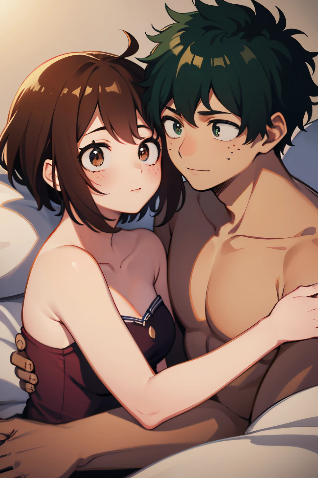 Cute couple cuddling in bed together, Izuku Midoriya (a young boy with green spiky hair, perfect male body) & Ochaco Uraraka (a girl with short brown hair, perfect breasts) matching pajamas, artistic medium: oil painting,soft and warm lighting,vivid colors,ultra-fine painting,highres,romanticize,cosy atmosphere,gentle embrace,loving gaze,blushing faces,tender moment,peaceful,comfortable bed,fluffy pillows,soft sheets,plush blankets,intimate setting,loving couple,relaxed expressions,contentment,pure love,serene background,whispering sweet nothings,beautifully depicted features,details on hair and body,sparkling eyes,great attention to facial expressions,warm hues,affectionate,gentle,harmony,blissful,sweet dreams