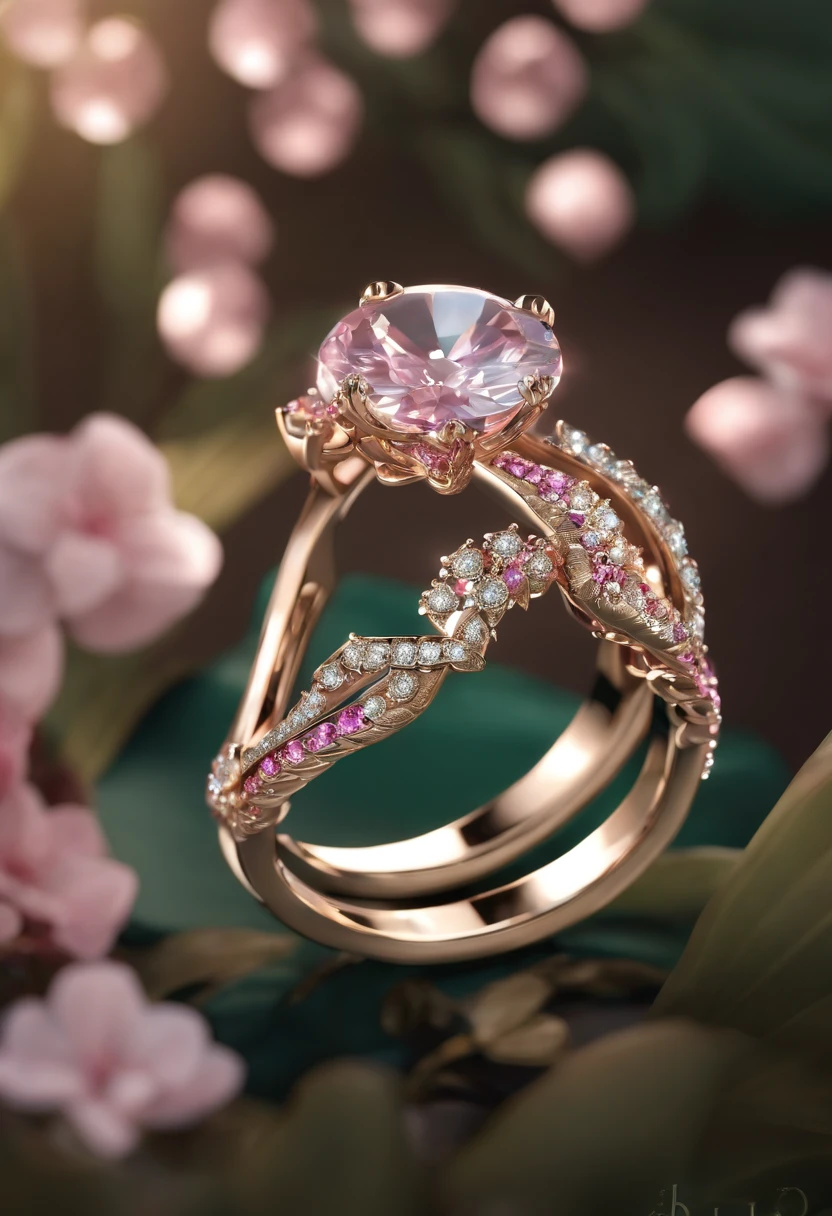 a jewellery design, Sakura themed ring, Gemstones and diamonds, Luxury, closeup cleavage, product-view, Hot topics on artstation, CG Society, Super quality, number art, Exquisite super details, 4K, gentle lighting, dream-like, Fashionab, unreal engine rendered