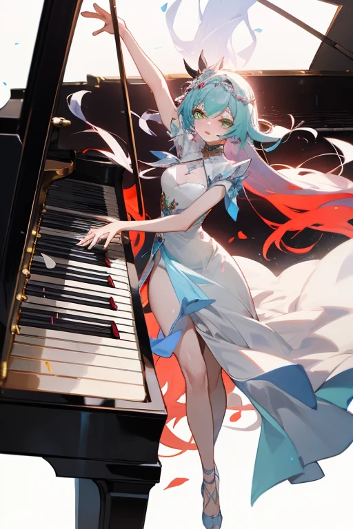 Xyphoidia - a hybrid of a human and a musical instrument, personifying music and sound. Her body is an amazing combination of human features and piano elements. She's got a long, Graceful fingers, covered with keys. Xyphoidia&#39;s hair resembles the strings of an instrument, shimmering with multi-colored shades of musical notes.her eyes are green-blue. Xiphoidia is dressed in a dress made of thin fabric, which looks like a staff. she moves easily and smoothly, as if performing an elegant dance to invisible music.