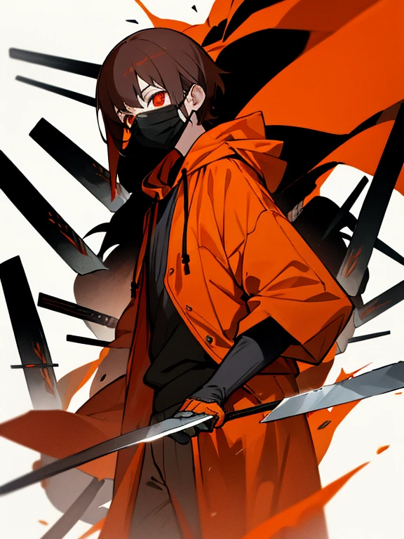 Orange Hoodie，red eyes，Knives，black masks，Dark hair，Male child，soio