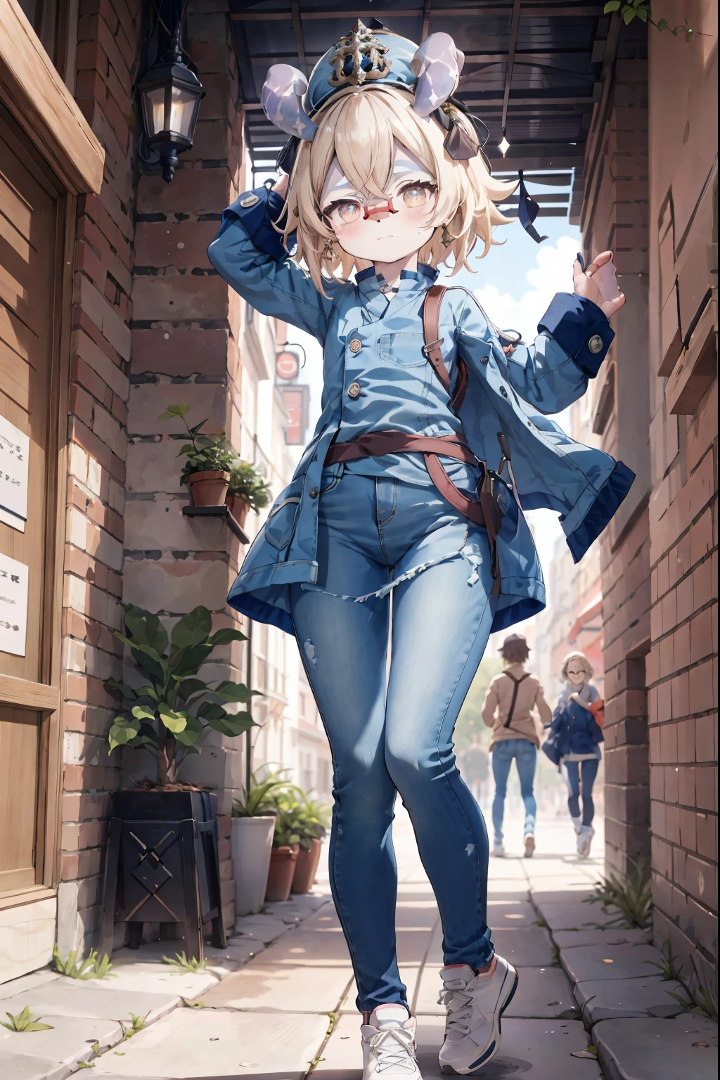 Melousine|genshin impact, masterpiece, bestquality,3 girl,young girl, Long Jeans, Wear glasses, Uncertain hair length _Front,oily shiny skin,flat chest,nice leg line:1.3,thick thighs, thin-waist,, red_streaks_light_wrap_dress, white_platform_sneakers, woven_El_bag, straw_headgear, gold_hoop_earrings, jacket, In a 19th century French town, long jeans city scenery,looking at the audience,From Top:1.2,dynamic angle