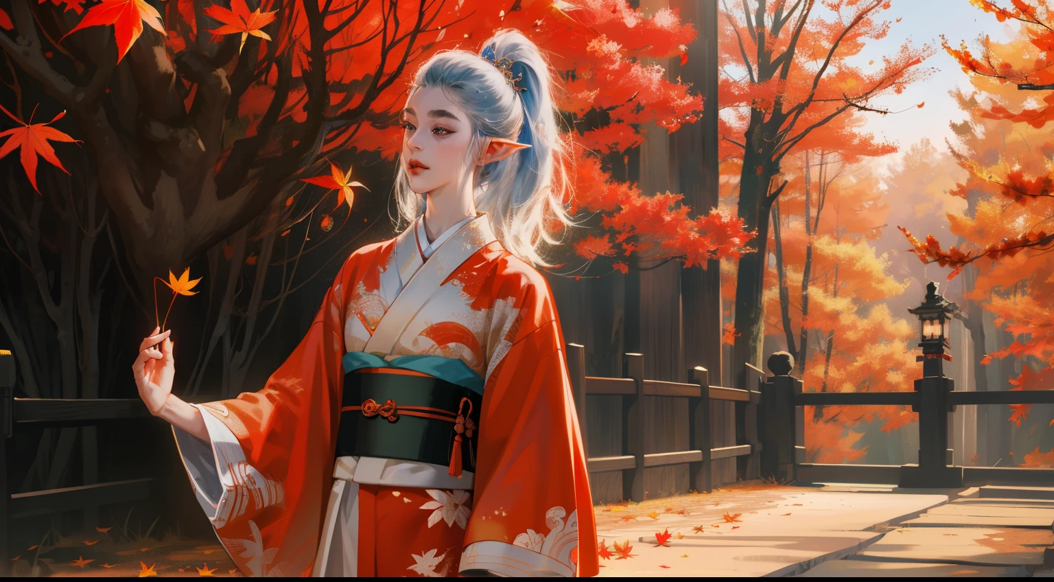 (Super elaborate CG Unity 8K wallpaper), (Masterpiece), (Highest Quality), (Realistic), geisha, kimono, Dance, elf, pointed ears, ((Best Quality)), (Super detailed)), (((photo)), Autumn Japanese Forest