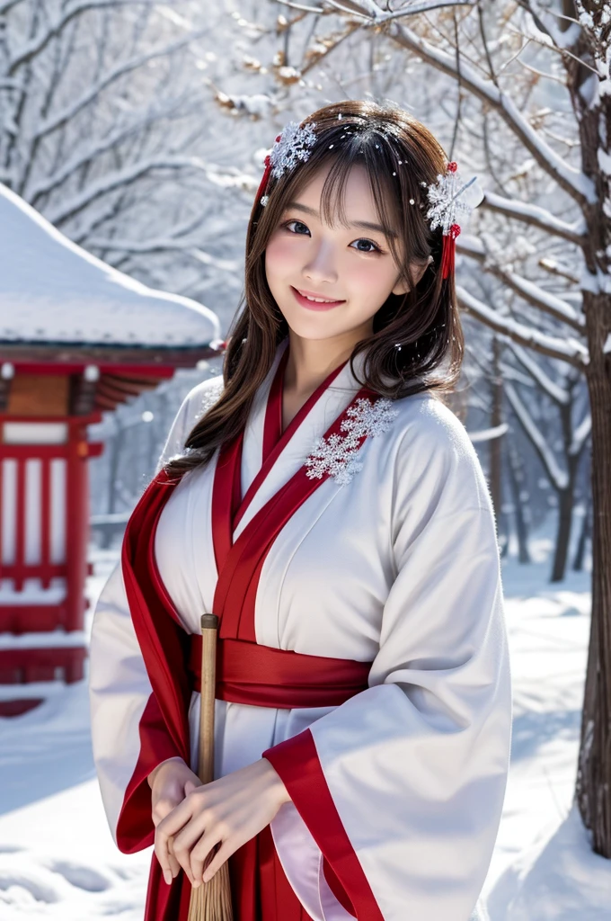 (masutepiece:1.3, Photorealsitic:1.4, 8K), top-quality, ​masterpiece, 超A high resolution, Perfect dynamic composition, Highly detailed skin and facial texture:1.3, A detailed eye, Detailed limbs, New Year, natta, (snowflakes falling:1.2), Precincts of a shrine in snow country:1.2, 1girl in, Cute sexy 19 year old slim woman, Fair skin, (Snow fell on my body and clothes), ((A smile:0.9, Totally captivates you:1.0)), (accurate shrine maiden costume:1.2), ((voluptuous breasts:1.0)), tabi, (Facing the front, Have a broom), (Beautiful blue eyes, Eyes that feel beautiful eros:0.85), Sexy face:0.4, (A mouthfeel that feels beautiful eros:0.85), ((Too cute beauty:0.9))