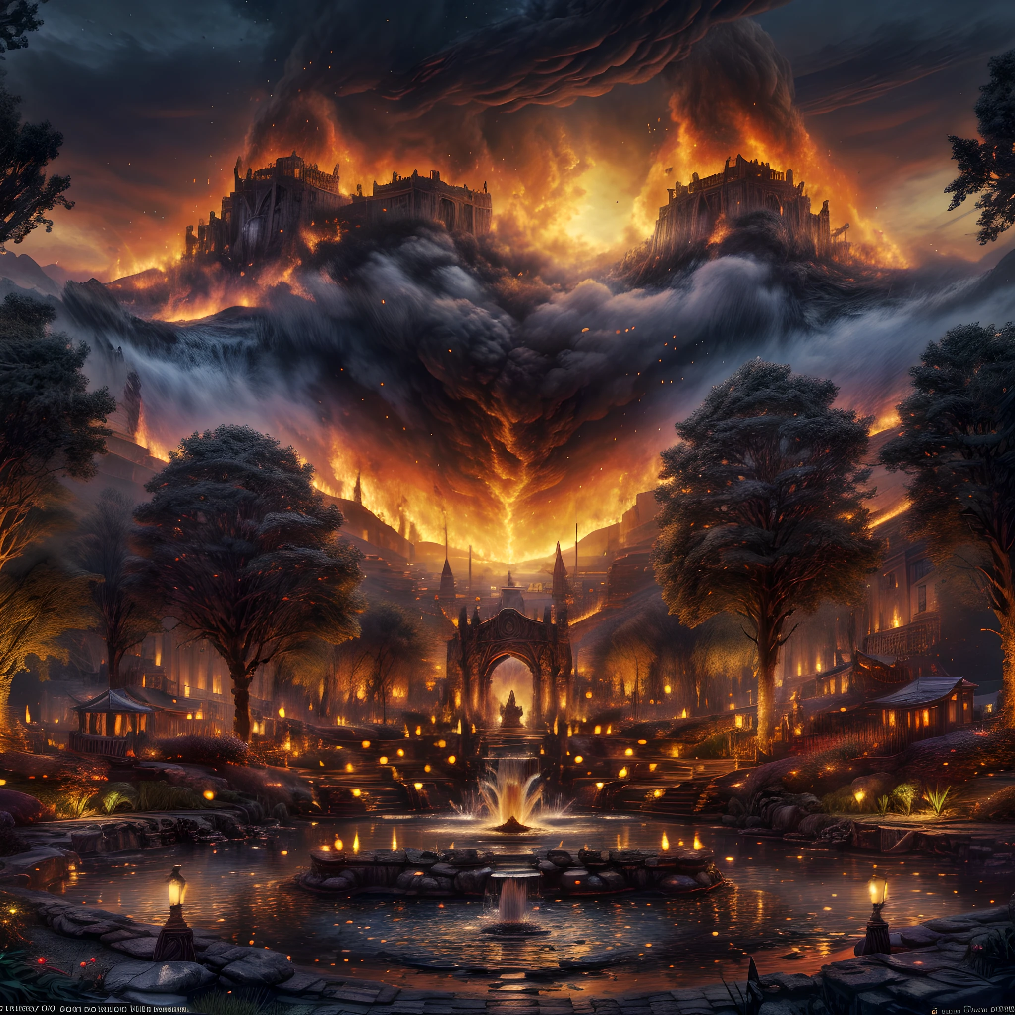 Fantasy art, RPG art, there is an epic sized magical water fountain in an elven city town square, it has magical runes in the basin of the fountain, many rivulets of water entwined in fire, faize, the fire is combined with the water streams, its night time, moon is rising, photorealistic, 16k, RAW, award winning, (best detailed: 1.5), masterpiece, best quality, (ultra detailed), full body, ultra wide shot