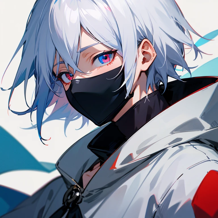 Anime humanoid monster, character design,wearing a futuristic mouth mask,grin,boy,maniac,deranged look,messy unkept hair,hair covering right eye, vibrant eye color,red and blue eyes,(white hair), close up shot, creating a crack in reality, powerful aura, destroyed city, very dark,night,8k,64k, HD, unparalleled masterpiece, dynamic lighting, cinematic, epic