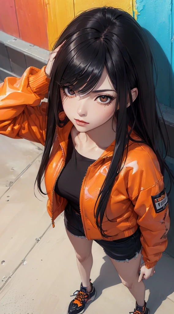 ((8k wallpaper of extremely detailed CG unit:1.2, ​masterpiece, hight resolution:1.2, top-quality:1.2, masutepiece)), ((a very beautiful woman, Hands in pockets:1.8, Street fashion, wearing an orange blouson, Wear black hot pants, Wearing shoes)), ((extra detailed face, Highly detailed black eyes, Contrasting eyes, extra detailed body, Top quality real texture skins:1.2)), (A dark-haired, length hair, de pele branca, Small), ((colorful paint wall)), (high-angle:1.5), hyper realisitic, digitial painting,