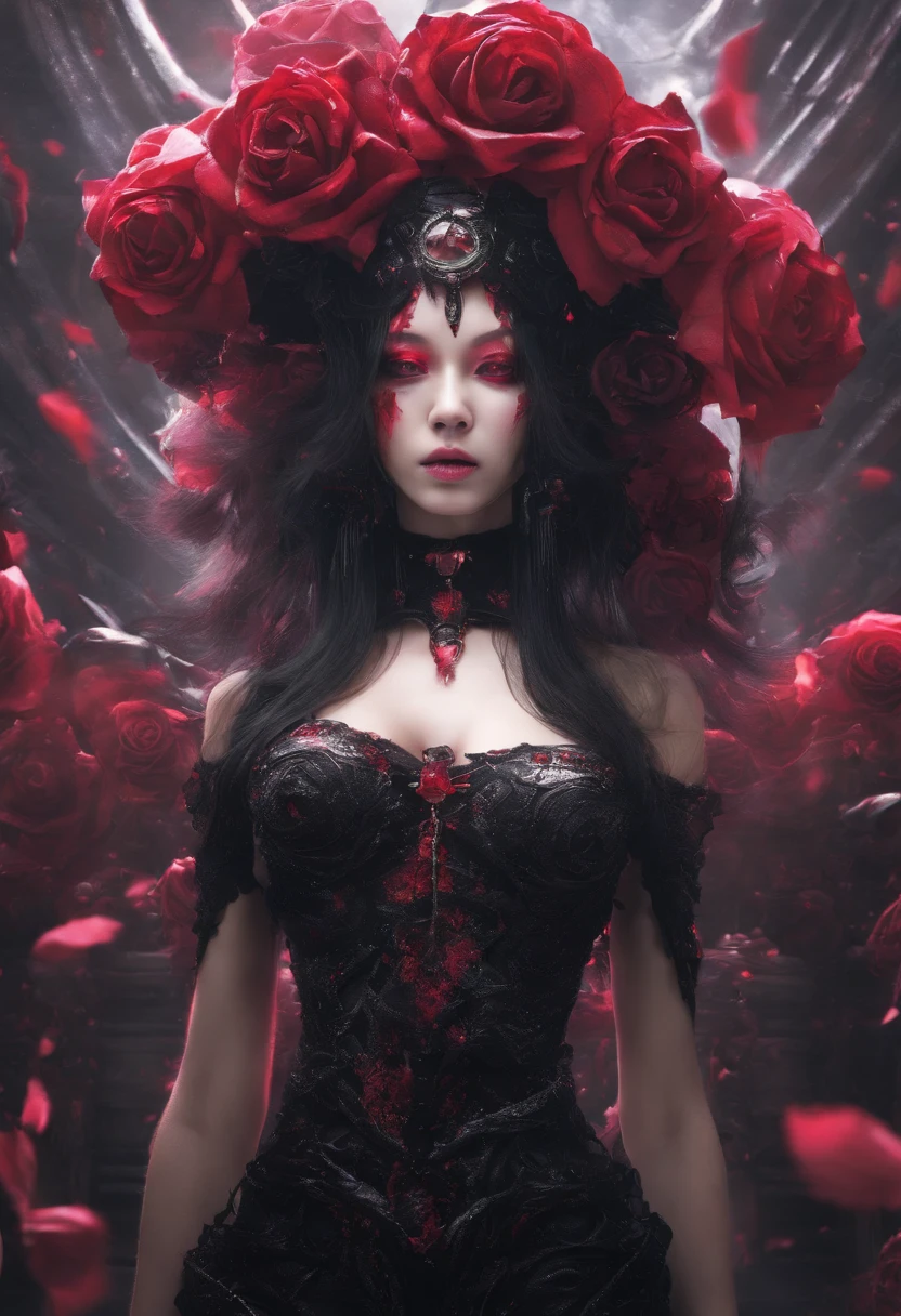 in style of Harry Clarke,character concept design,half body, (ROSE HEAD:1.5) (no face:2.0) paladin,angry,crazy smile,fighting pose,Magic Effects,Metallic details,Red tone,Unknown background,perfect hands,Core Art,The art of spray painting,Splash Art