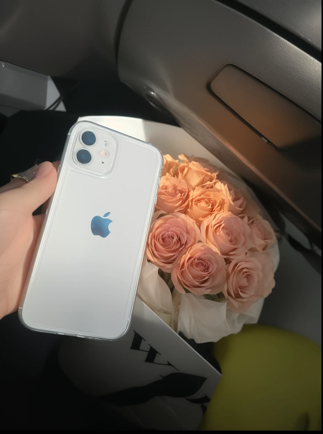Someone is holding a white iPhone,There is a bouquet of roses in the box, iPhone 12, iPhone in hand, iphone picture, Apple 13, iphone 1 3, 🤬 🤮 💕 🎀, 8K)), iPhone detailed photos, author:Nico Henrikong, 🎀 🧟 🍓 🧚, phone photo, with apple