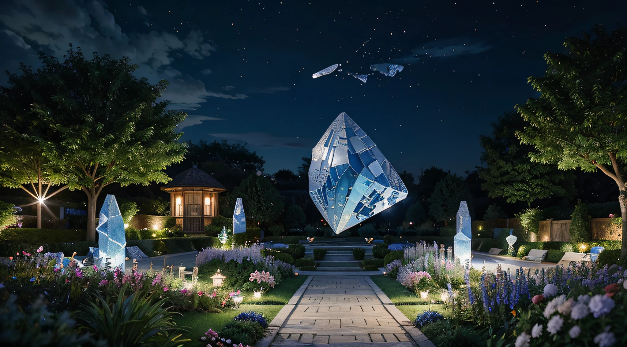 2d, illustration, cartoon, illustration, Anime, Blue Transparent Blue Flying Crystal Stone, Beautiful Garden, Peaceful, nighttime