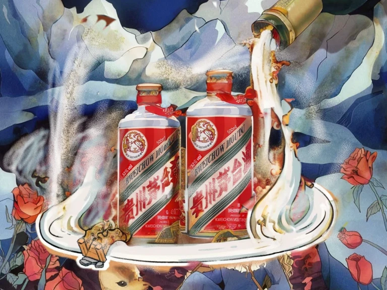 There is a painting of a bottle of champagne being poured, Inspired by Chunguang Zhai Beizhou Drink, in the style of akira, Inspired by Cao Zhibai,3d,Spring water