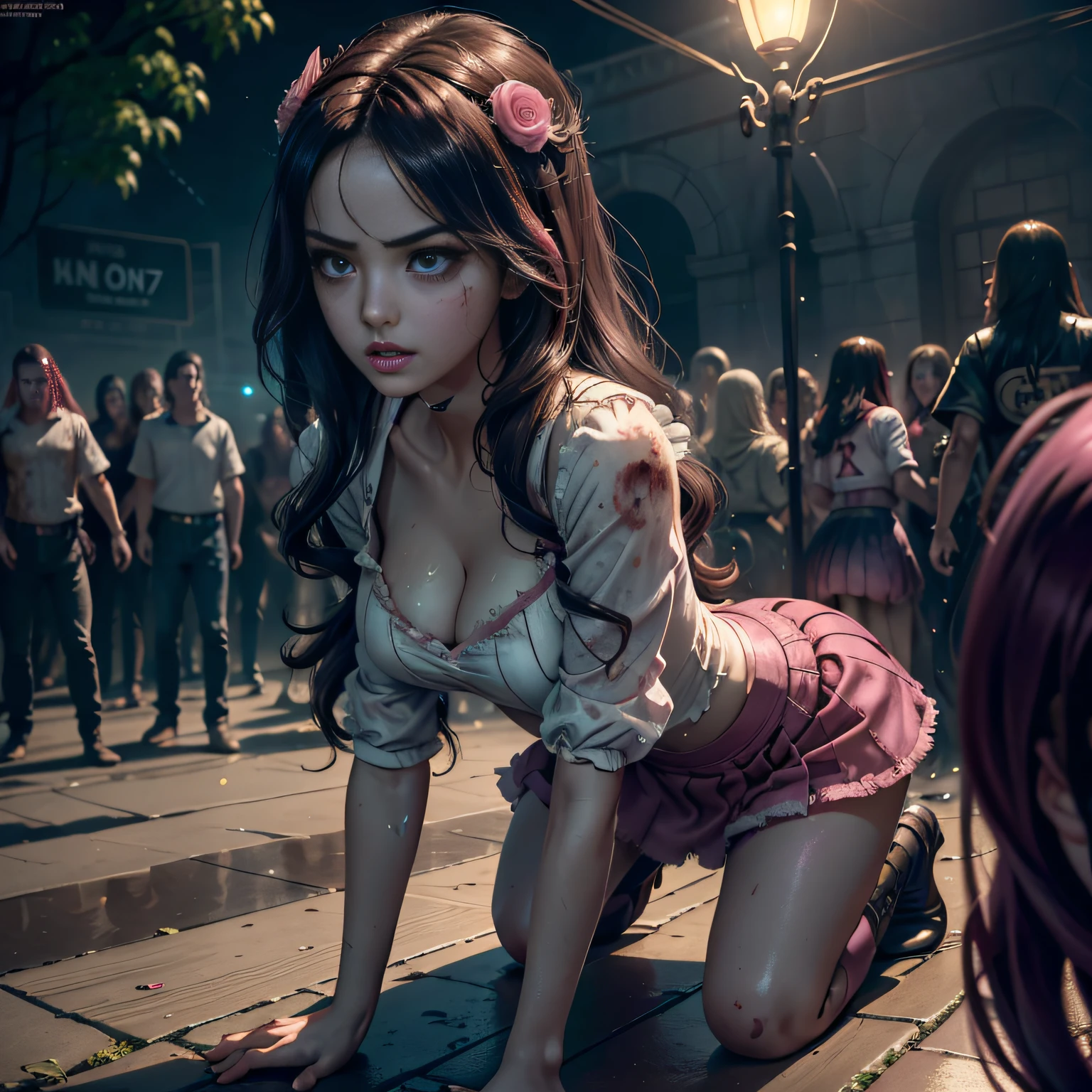 Photorealista,Realistic illustration of model shooting style,((​masterpiece)),((best qualtiy)),((ultra-quality)),((ultra-detailliert)),((1girl in)),((Only)),((waifu:1.5)),Perfect Anatomy,perfect hand,Beautiful body,Beautiful fece_faces,ulzzang -6500-v1,e-Girl,Very Beautiful Waifu Princess Emma Stone and Eiza Gonzalez(Rin Tohsaka and Tifa Lockhart)、Fleeing in horror in a hospital being chased by a terrifying and terrifying group of zombies,(((zombie,Watch over her、A horrible and terrifying crowd of zombies is chasing、Was piling up on each other to keep up with her.....))),In schoolgirl cosplay,Wet clothes,Miniskirt Sailor,Black socks,((Pink Bright_The eye)),longwavy hair,Hair tweezers,eye liner,cute make-up,lip stick,Glossy lipstick,With a look of fear,worry,Suspense and sadness,((perfect detailed eyes)),Fog and rain outside,natta,Pink Theme,bio luminescent,light Particle,((Very CG unit 8K wallpaper)),((Cinematic lighting,Top quality lights)),intricate detailes,suave,foco nítido,Very beautiful and aesthetic,octan render,full-length portrait,Damp skin,((perfect detailed body)),((yawning))、((Being on all fours))、