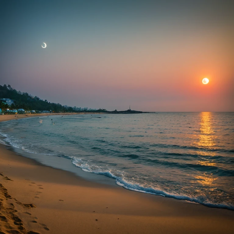 landscape shot　　Sunset Moon　along the mountain　the beach　sand beach　Superb view　Brink　waterface　cruiser