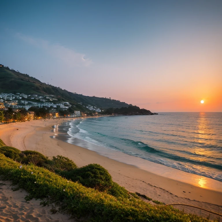 landscape shot　　Sunset Moon　along the mountain　the beach　sand beach　Superb view　Brink　waterface　cruiser
