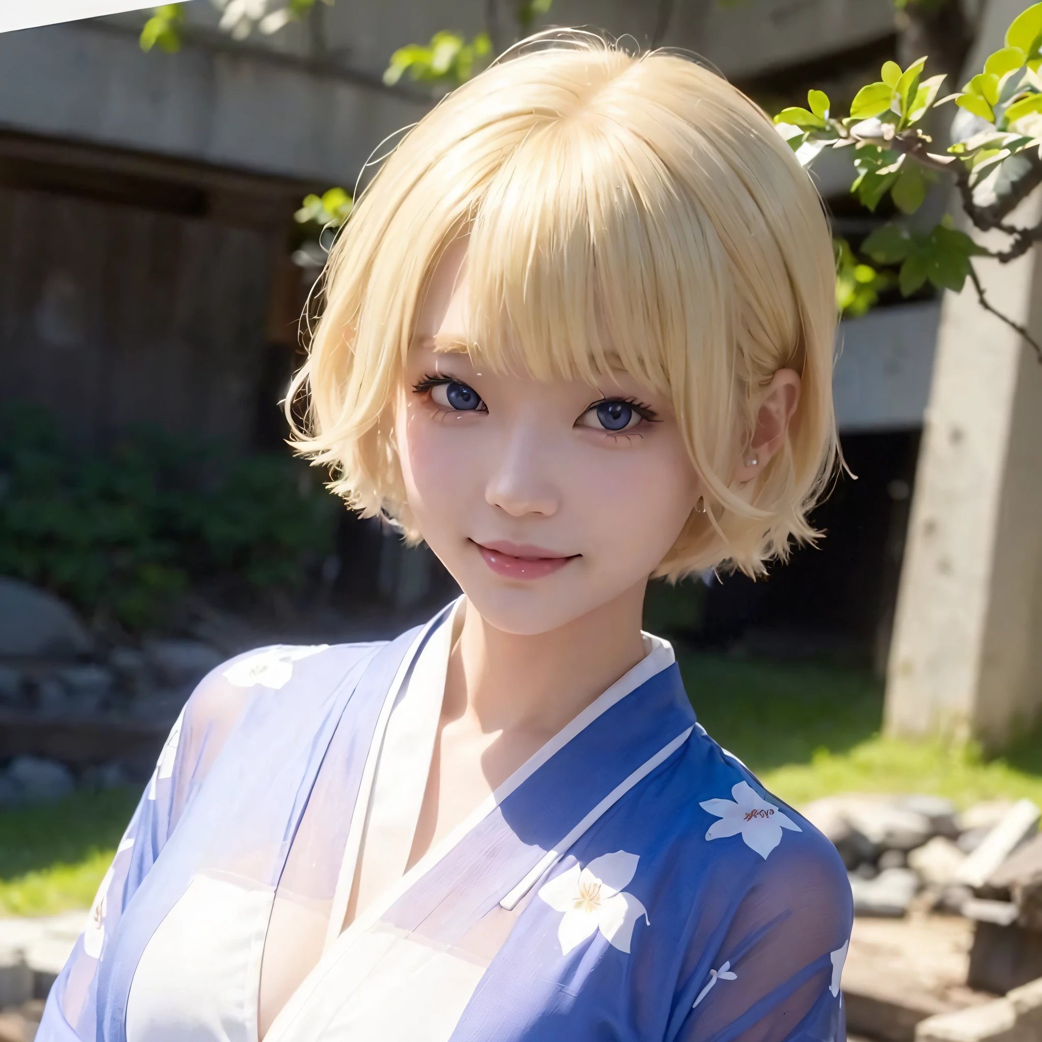1人の女性、spotless、transparent kimono、(((smile、Looking at the camera)))、bionde、short-hair、bobhair、side parted hair、(((blue eyess)))、(((blonde hair)))、 Dynamic Poses、A sexy、erotick、(((seductiv)))、In the ruins