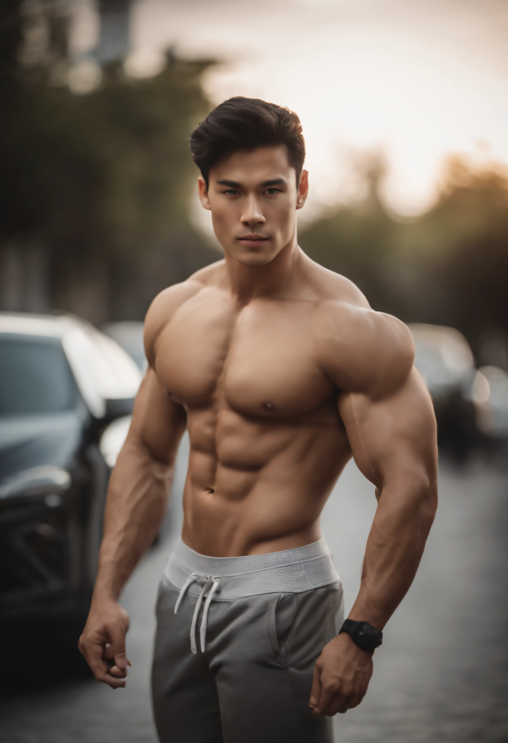 Man in shirt posing for photo, Ripped,Bigchest, lean and muscular, well-muscled, lean but muscular, beautiful handsome body, very muscular, muscular bodies, shirtless, Muscular men, sexy muscular body, musculature, Attractive body, well-muscled, muscular build,Gentle face,asian human,20-years old